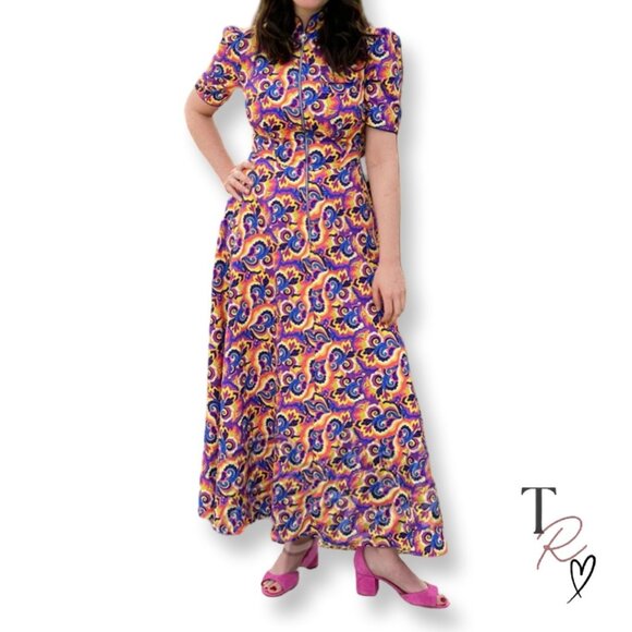 Audrey K NWOT Retro Multi-color Kaleidoscope Maxi Dress Zip-Front Size Medium - Picture 1 of 14
